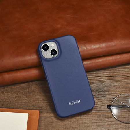 iCarer CE Premium Leather Folio Case skórzane etui iPhone 14 Plus z klapką magnetyczne MagSafe niebieski (WMI14220715-BU)