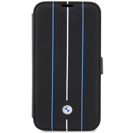 Oryginalne Etui IPHONE 14 PRO MAX BMW Bookcase Leather Stamp Blue Lines (BMBKP14X22RVSK) czarne
