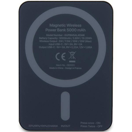 Guess Powerbank indukcyjny 15W GUPBM5AL4DMK 5000mAh czarny/black MagSafe 4G Strassed Metal Logo