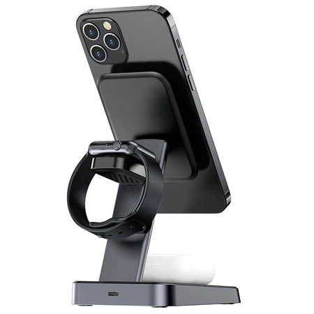 Acefast bezprzewodowa ładowarka Qi 15W do iPhone (z MagSafe), Apple Watch i Apple AirPods stojak podstawka uchwyt magnetyczny czarny (E3 black)