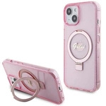 Guess Ring Stand Script Glitter MagSafe case for iPhone 15 - pink