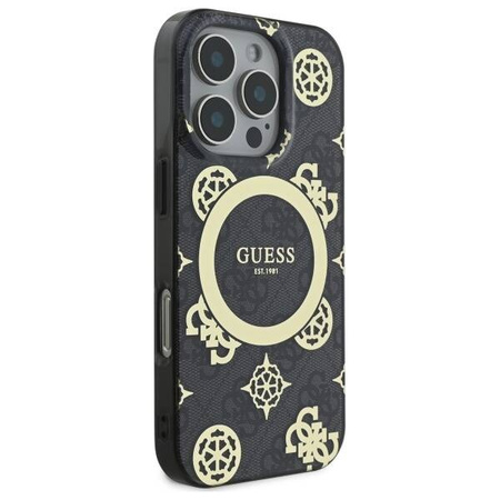 Original Handyhülle IPHONE 16 PRO MAX Guess Hardcase IML Peony On 4G Background MagSafe (GUHMP16XH4PYEEK) schwarz