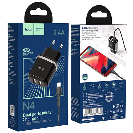 Ładowarka Sieciowa 2,4A 2xUSB + Kabel 1m Micro USB Hoco N4 Smart Dual USB czarna