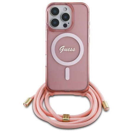 Original Handyhülle IPHONE 16 PRO MAX Guess Hardcase Crossbody Cord Script MagSafe (GUHMP16XHCTSGNSP) rosa
