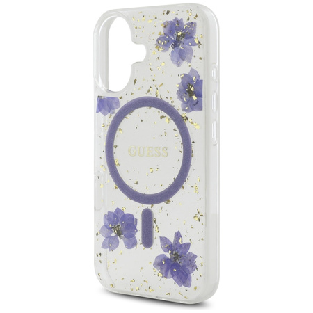 Oryginalne Etui IPHONE 16 Guess Hardcase Resin Flowers Glitter MagSafe fioletowe