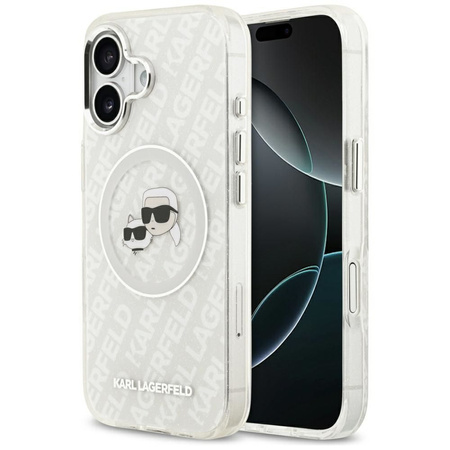Karl Lagerfeld nakładka Magsafe IML glitter case metal camera frame and buttons Karl and Choupette heads on KL repeated logo do iPhone 17 szara