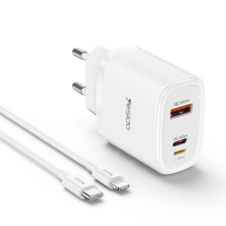 Yesido ładowarka sieciowa YC52 PD 30W QC USB-A+C +iP + Kabel 27W Type-C - Lightning 1m, WHITE / BIAŁY