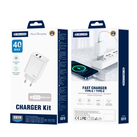 JELLICO wall charger EU19 GaN PD 40W 2xUSB-C + cable USB-C - Lightning White