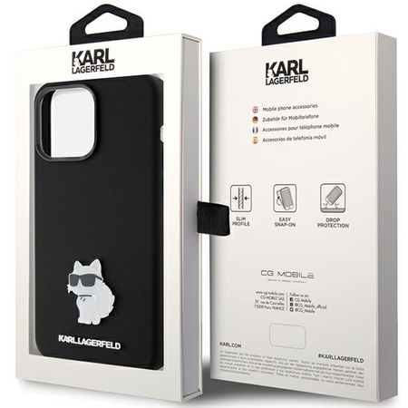 Karl Lagerfeld Choupette Metal Pin-Hülle aus Silikon für iPhone 15 Pro – Schwarz