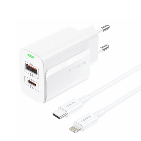 FONENG ładowarka sieciowa EU66 PD 20W 1xUSB-C + 1xUSB QC3.0 + kabel USB-C - Lightning Biały