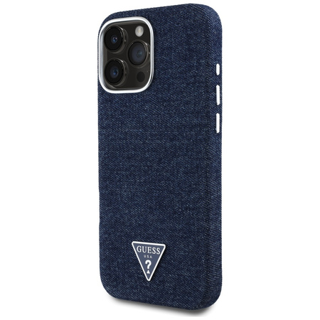 Original Handyhülle IPHONE 16 PRO Guess Denim Triangle Logo MagSafe blau
