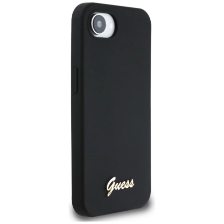 Etui Guess Silicone Script Metal Logo MagSafe na iPhone 16e - czarne