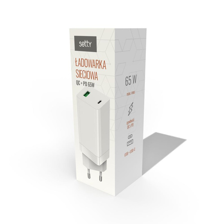 Setty ładowarka sieciowa GAN PD+QC USB + USB-C 65W LSI-02 biała