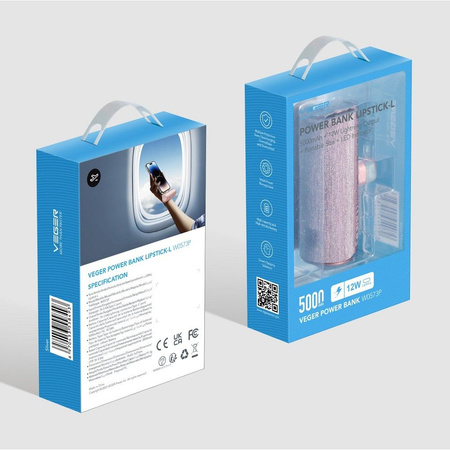 VEGER powerbank 5000 mAh z wbudowanym złączem Typ C PD QC3.0 2,4A 12W PlugOn (W0573) rózowy