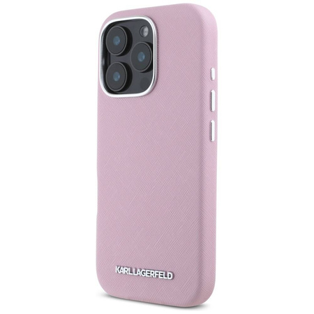 Original Case IPHONE 16 PRO MAX Karl Lagerfeld Saffiano Full Wrapped Elongated Metal Logo MagSafe pink