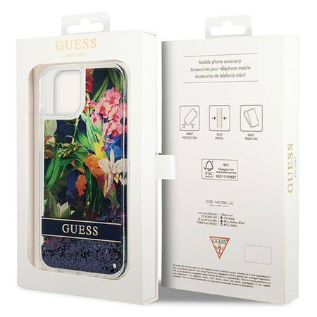 Etui IPHONE 14 Guess Hardcase Flower Liquid Glitter niebieskie