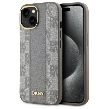 DKNY Leather Checkered Mono Pattern MagSafe-Hülle für iPhone 15 Plus – Beige