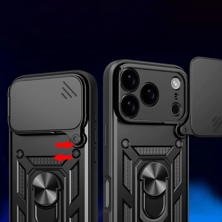 Etui Hybrid Armor Camshield na iPhone 17 Pro Max pancerne z podstawką i osłoną aparatu - czarne