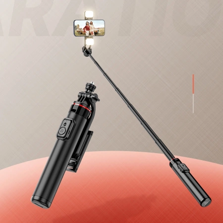 Selfie Stick WC12YDS Teleskopstativ 1,3 m aus Aluminiumlegierung mit Dual-Licht und Telefonhalter – Schwarz