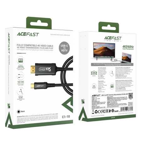 Acefast C1 USB-C/HDMI-Videokabel 4K 60 Hz HDR 1,8 m – Schwarz