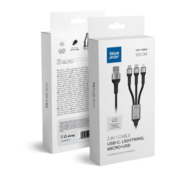 Kabel Blue Star z oplotem 3w1 ze złączami micro USB, USB C i Lightning 3A