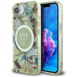 Guess IML Metal Glitter Flowers Triangle MagSafe - Etui do iPhone 16e (zielony)