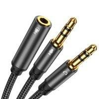 Joyroom kabel rozdzielacz AUX 3,5 mm mini jack (żeński) - 2x 3,5 mm mini jack (męski - mikrofon i słuchawki) 0,2m czarny (SY-A05)
