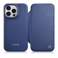 iCarer CE Premium Leather Folio Case skórzane etui iPhone 14 Pro Max z klapką magnetyczne MagSafe niebieski (WMI14220716-BU)