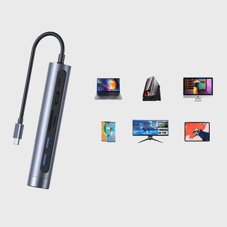 Joyroom wielofunkcyjny HUB 7w1 USB Typ C 100 W / HDMI 4K 30 Hz / RJ-45 / czytnik kart SD i microSD / 2x USB 3.0 (S-H111)