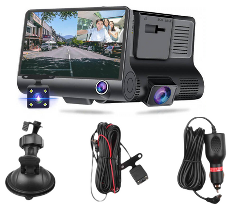 Wideorejestrator 3w1 Samochodowy FullHD 1080p 170° 3 Kamery - przednia, parkowania, wewnętrzna Rejestrator Jazdy z Mikrofonem Kamera YC-001 czarny